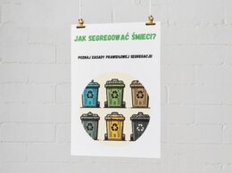 Plakaty edukacyjne. Cykl życia fasoli (etap 1: nasiono, etap 2: kiełek, etap 3: młoda roślina, etap 4: dorosła roślina). Jak segregować śmieci? Kolorowe kosze i co do nich wrzucamy? Najczęstsze błędy i odpady nietypowe.