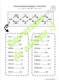 Zamiana jednostek długości - karta pracy/kartkówka.