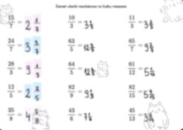 Zamiana ułamków niewłaściwych na liczby mieszane – karta pracy z kotkami (klasy 4–8)