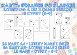 Karty: Pisanie po Śladzie Litery od A do Z (małe i duże) i cyfry (0-9)