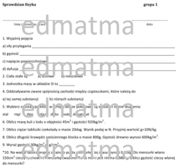 Fizyka - sprawdzian, klasa 7