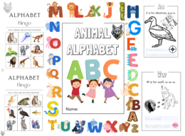 Alfabet - Gra Bingo oraz Alphabet with Animals, 3 w 1, książeczka-kolorowanka do nauki alfabetu, pisania nazw zwierząt i przymiotników
