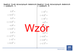 Kwadrat liczb dziesiętnych dodatnich i ujemnych | matematyka | 26 kolumn