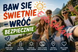 🌞 Bezpieczne Wakacje — nowoczesne plakaty edukacyjne na gazetkę szkolną 🌊🚴⛰️📱