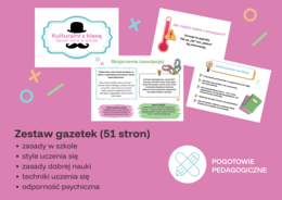 Zestaw gazetek (styl uczenia się, zasady dobrej nauki, techniki uczeni się, zasady w szkole, odporność psychiczna)
