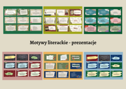 MOTYWY LITERACKIE - ZESTAW 6 PREZENTACJI - 15 motywów - 180 slajdów - lektury kl. 7-8, EGZAMIN - powtórzenie - 30% taniej + karty pracy