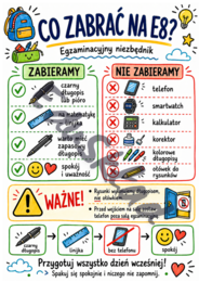 Egzamin ósmoklasisty 2026 – sketchnotki na gazetkę ścienną | 8 kolorowych plansz PNG