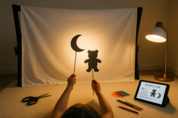 Teatrzyk cieni: własnoręcznie zrobione figurki z tektury, lampa, biała ściana.