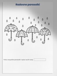 Karty pracy: kolorowanki z deszczem, parasolkami, dziećmi w kaloszach.