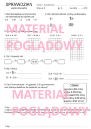 Sprawdzian. Karta pracy. Ułamki dziesiętne. Klasa 4. Klasa 5. Klasa 6.