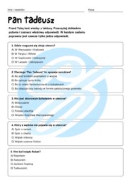 Test z lektury „Pan Tadeusz” | Adam Mickiewicz| Szkoła podstawowa | 15 pytań ABCD + Klucz + Skala ocen