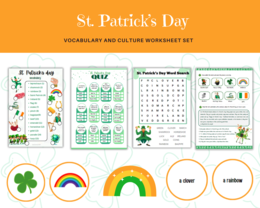Saint Patrick Vocabulary Worksheet Set - Dzień Świętego Patryka - zestaw kart pracy ze słownictwem i tradycjami, dopasowanie, quiz, wykreślanka, czytanie ze zrozumieniem, dodatkowo karty do gry w memory