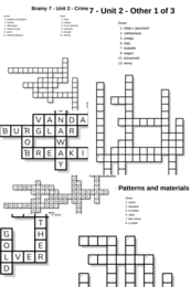 Brainy 7 – Unit 2 – krzyżówki – Crime/Patterns and materials/Personal description/Other