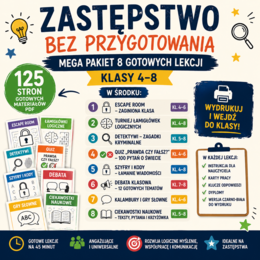 Zastępstwo bez przygotowania – MEGA PAKIET 8 gotowych lekcji (klasy 4–8) | PDF do druku