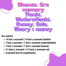 Chemia. Szkoła podstawowa. Gra. Memory. Tlenki. Wodorotlenki. Kwasy. Sole. Wzory i nazwy.