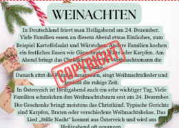 Gazetka w języku niemieckim „Frohe Weihnachten"| Nowoczesna i edukacyjna dekoracja idealna do klasy/biblioteki/korytarza| Główna grafika w formie plakatu 4 x A 4| Kod QR do kolędy " Stille Nacht"