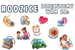 Gazetka szkolna „Rodzice – Dziękujemy Wam za…” | Dzień Matki i Ojca | dekoracja PDF do druku | dodatkowe elementy dekoracyjne