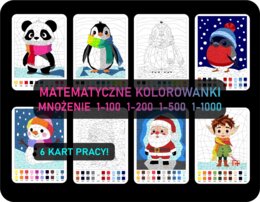 Kolorowanka matematyczna zimowa, świąteczna- zestaw 6 kart, tabliczka mnożenia, mnożenie przez liczby dwucyfrowe, trzycyfrowe