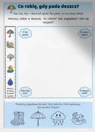 Karta pracy: „Co robię, gdy pada deszcz?” – rysowanie, kolorowanie.