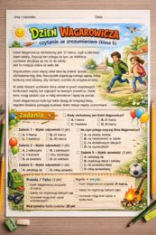 📚🎉 Dzień Wagarowicza – czytanie ze zrozumieniem (klasa 5) | karta pracy (15 zadań)