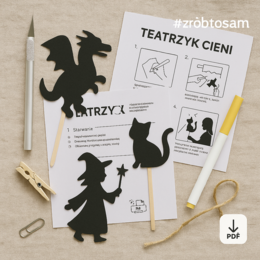 Teatrzyk cieni: własnoręcznie zrobione figurki z tektury, lampa, biała ściana.