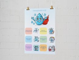 Infografiki na temat segregacji odpadów, oszczędzania wody i energii.