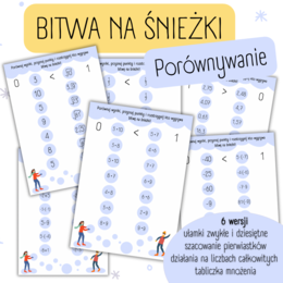 BITWA NA ŚNIEŻKI - porównywanie (ułamki zwykłe, dziesiętne, tabliczka mnożenia, pierwiastki, szacowanie, liczby całkowite)