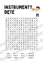 Muzyka, klasa 4-5. Instrumenty dęte. Karta pracy: wykreślanka.