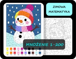 Kolorowanka matematyczna, mnożenie 1-200, tabliczka mnożenia, pokoloruj według wyników mnożenia, zimowa matematyka 4 Bałwanek
