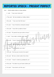 Reported Speech - Present Perfect - karta pracy - mowa zależna - gramatyka - ćwiczenia - matura - angielski - do wydrukowania - .pdf