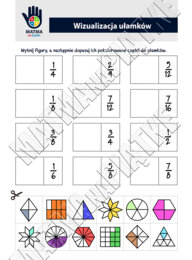 Ułamki zwykłe - Zestaw materiałów / Pakiet 4x A4 - Szkoła Podstawowa - Klasa 4 / 5 - Klasa Czwarta / Piąta - Ułamek zwykły jako część całości - Karta pracy o ułamkach zwykłych - Powtórzenie ułamków - Kolorowanka Wycinanka z ułamkami zwykłymi - Wizualizac
