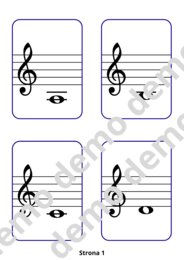 Muzyka, nauka nut. Kart/fiszki nazwy dźwięków w kluczu wiolinowym.  51 nut (w tym krzyżyki i bemole).