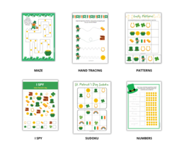 Saint Patrick for Preschoolers - Święty Patryk dla przedszkolaków - zestaw kart pracy słownictwo, sudoku, gra I Spy, labirynt, liczenie do 10, wzory, what comes next, dodatkowo karty obrazkowe