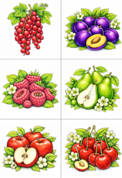 Polskie owoce – kolorowanki (6 kart) + 2 karty miniatur (PDF); Dzień Owoców; karty pracy