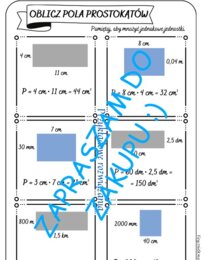Karta pracy, kartkówka - obliczanie pól prostokątów.
