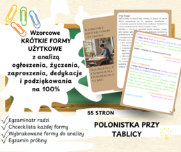 Wzorcowe krótkie formy użytkowe z analizą kolorystyczną ogłoszenie, życzenia, zaproszenie, dedykacja i podziękowanie na 100%