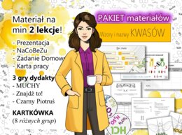 ZESTAW materiałów do ciekawej lekcji chemii w kl 8: kwasy, wzory i nazewnictwo. Prezentacja. Karta pracy. Gry dydaktyczna. Kartkówka.