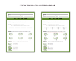 Telling the time - karta pracy, ćwiczenia, nauka czasu, podawanie godziny, język angielski, godziny pełne, półpełne, o'clock, half past. Dodatkowo mini karty obrazkowe i ze zdaniami, memory
