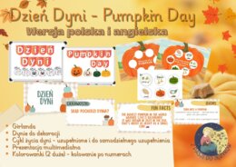 Zestaw Dzień dyni, Pumpkin Day, po polsku i angielsku. Girlanda, prezentacja, karty pracy, kolorowanie po numerkach, ciekawostki.