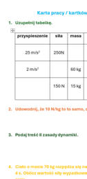 Karta pracy/ kartkówka - II zasada dynamiki