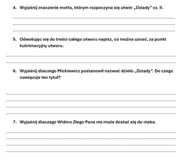 "Dziady" cz. II - kartkówka z treści i problematyki