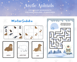 Winter Artic Animals Worksheet Set + Flashcards- zwierzęta arktyczne, karty pracy dla przedszkolaka, ucznia zerówki przedszkolnej, I spy, sudoku, labirynt, karty obrazkowe , język angielski