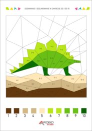 Kolorowanka matematyczna, dodawanie i odejmowanie od 1 do 10, dzień dinozaura, prehistoria, matematyka i sztuka.