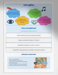 Zabawy ruchowe w sali: „Skacz po kałużach” (z niebieskich kartek), tor przeszkód z parasolem