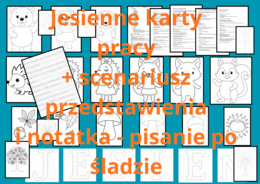 36 jesiennych kart pracy - grafomotoryka, terapia ręki + scenariusz jesiennego przedstawienia i notatka o jesieni do pisania po śladach