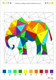 Dzielenie przez 3 - pokoloruj według wyników dzielenia, kolorowanka