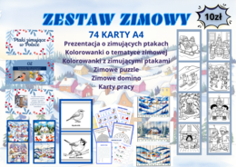 Zestaw zimowych kart pracy dla przedszkolaków. Ptaki zimujące w Polsce