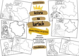 Władcy Polski i ich granice - zestaw 8 arkuszy z wizerunkami władców Polski wraz z ówczesnymi granicami