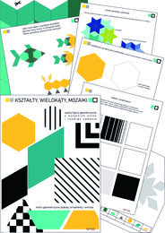 Kształty, figury geometryczne, mozaiki, wielokąty - geometria dla dzieci, dla przedszkola (wytnij i przyklej) , kwadrat, sześciokąt, trapez, trójkąt, romb, tangram