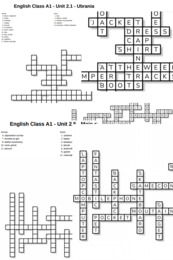 English Class A1 – Unit 2 – krzyżówki – Ubrania/Moje rzeczy/Przymiotniki_Out of class